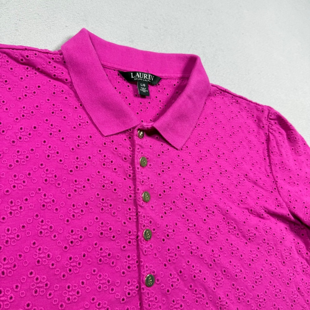 Lauren Ralph Lauren Magenta Pink Eyelet Lace Polo Shirt Puff Sleeve Gold Buttons